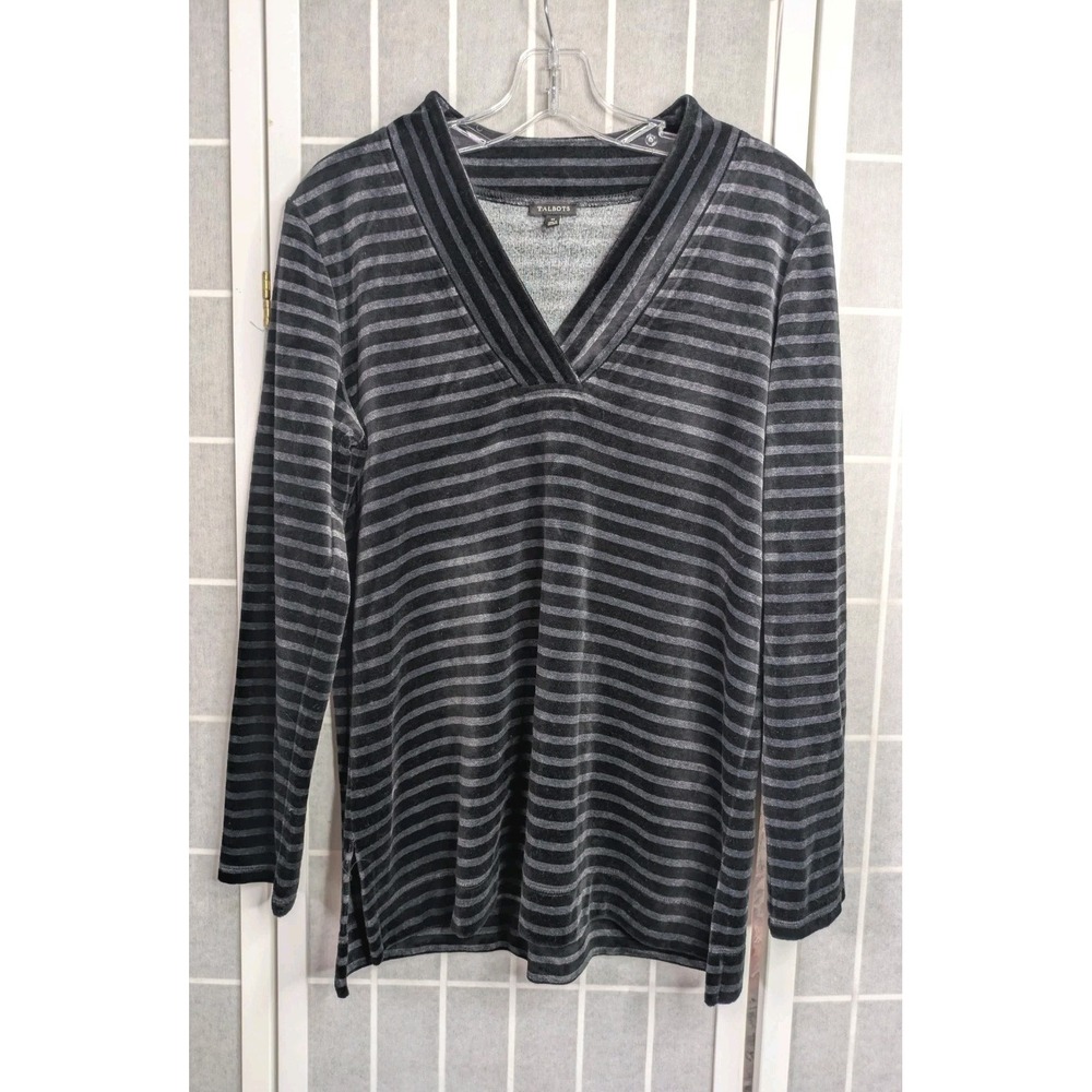 Talbots Womens Long Sleeve Top Medium Velour Stripe Cotton Blend V Neck Pullover